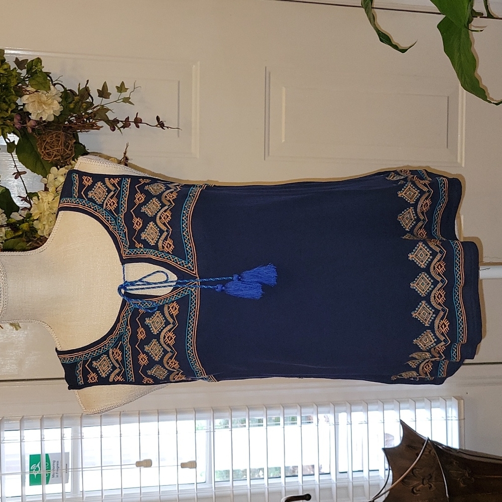 Sanctuary blue aqua gold embroidered sleeveless top tassel tie rayon Medium EUC…